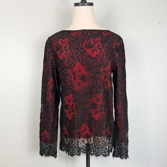 Silk Lace Top Blouse S Black Red Vintage Goth Overlay Holiday Christmas 10 - Picture 2 of 10